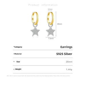 Detailed S925 sterling silver star earring dimensions showing 20mm height and 8.5mm ring diameter