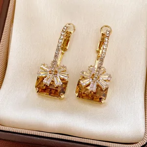 Vintage Square Amber Zircon Dangle Earrings With Silver Earring Post 18K Gold Plated Copper Luxury Jewelry For Women