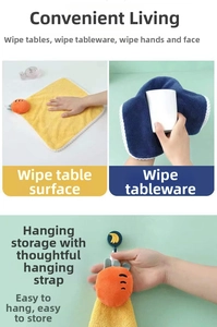 Hanging microfiber hand towel set showing table cleaning and storage applications
