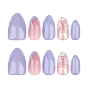 Purple and pink almond press-on nails with white floral patterns and silver glitter