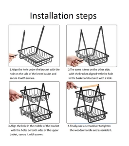 Step-by-step installation guide for a 2-tier metal fruit basket with wooden handle