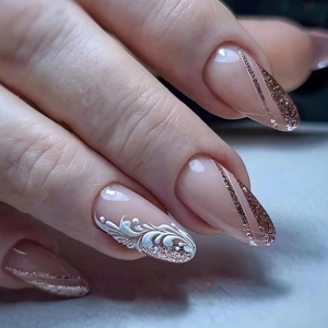Almond Press On Nails Pink Rose Gold Glitter French Style Embossed Flower Pattern Long Artificial Fake Nails For Women