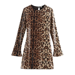 Robe Courte Femme Paillettes Léopard Col Rond Dos Nu Manches Longues Sexy Slim Fit Fête Club