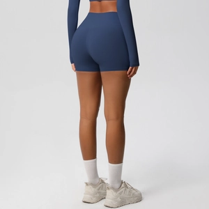 Rear view of high waisted navy blue yoga shorts with body shaping and lifting effect