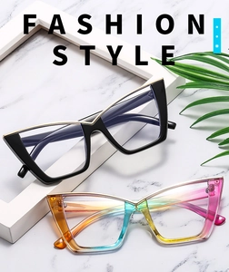 Detail of trendy cat-eye frame in classic black with gold trim and gradient finish