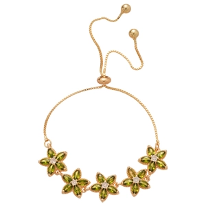 Elegant gold bracelet with five green zircon flower pendants and adjustable slider chain