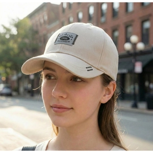 Detail of beige baseball cap with 1998 letter patch and black zigzag stitch on short brim