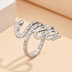 Punk style silver snake shaped stainless steel open ring with realistic scale texture