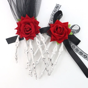 Halloween Skeleton Hand Hair Clip With Red Rose Lace Mesh Gothic Masquerade Party Hair Accessories For Women