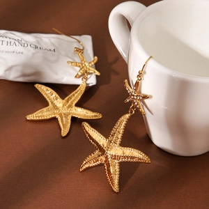 Luxurious 18k gold plated stainless steel starfish drop earrings with crystal accents
