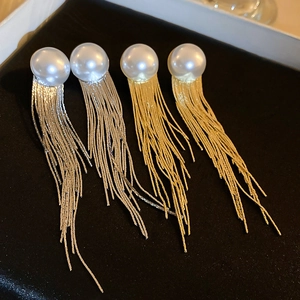 Elegant long faux pearl stud earrings with metallic tassel fringe in gold and silver