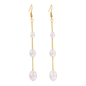 Elegant gold chain tassel earrings with irregular white pearls on a clean white background