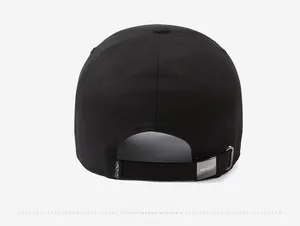 Detail view of the black cotton baseball cap back with narason metal adjustable strap