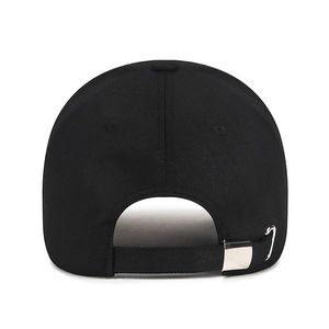 Adjustable black cotton baseball cap with silver metal buckle and strap back view