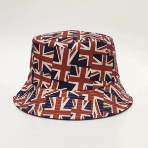 Unisex Union Jack print bucket hat featuring classic red, white, and blue British flag design