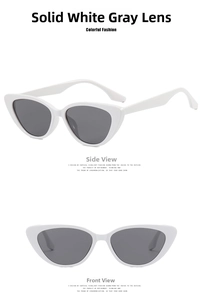 White cat-eye sunglasses with grey lenses showing side and front views on white background
