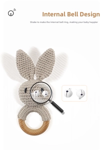 Detail of crochet bunny rattle with wooden ring showing the internal bell mechanism