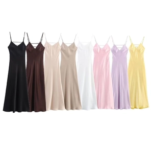 Women V Neck Satin Cami Midi Dress Adjustable Spaghetti Strap Backless Cross Back A-Line Party Cocktail Dress