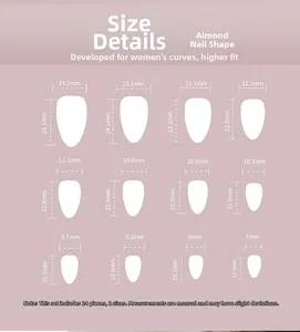 Size chart showing dimensions for 24pcs almond shape press-on nails in 12 different sizes