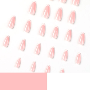 Pink translucent press on nails with white French tips in a long almond shape