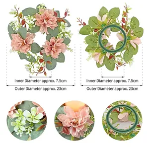 Pink dahlia candle ring with green leaves, 23cm outer diameter for table decoration