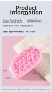 Pink silicone bath brush detail showing 13x7x6cm size and wood pulp sponge core