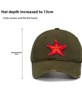 Detail showing army green baseball cap with red star, 13cm deep fit and distressed brim