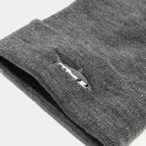 Unisex grey knit beanie featuring a detailed shark embroidery on the folded cuff edge
