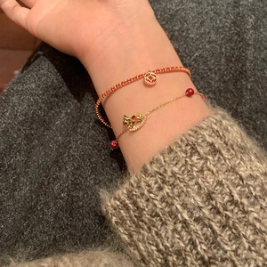 Elegant 18K Gold Plated Copper Bracelet Zircon Trojan Horse Hollow Coin Pendant Red Beads New Chinese Style For Women