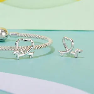 S925 sterling silver heart-shaped dachshund dog charm for DIY bead bracelets