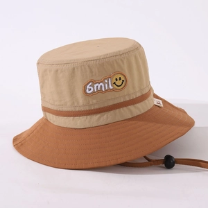 Kids color-block bucket hat with smile embroidery and adjustable windproof drawstring