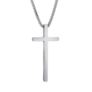 Close-up of minimalist silver stainless steel cross pendant with durable box chain link