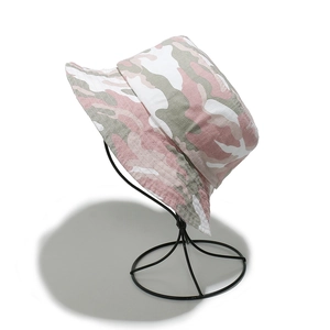 Close-up of pink camo sun hat detail showing durable cotton canvas and stitching quality