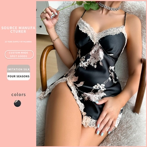 Nuisette En Satin De Satin Imitation Imprimé Floral Dentelle Col V Bretelles Spaghetti Vêtements De Nuit Femme