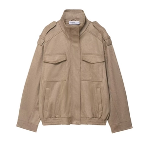 Women's khaki faux suede utility jacket with epaulettes and large flap pockets