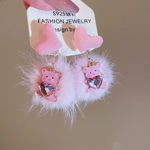 S925 silver needle pink plush bear earrings with heart-shaped pom pom and jewel detail