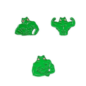 Funny green muscle frog enamel pin set of three cartoon fitness animal badges for bags