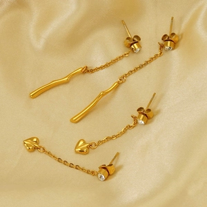 Stainless Steel Earrings 18K Gold Plated Long Tassel Heart Branch Zircon Dangle Drop Minimalist Niche Jewelry Women