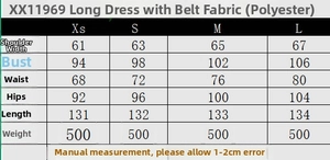 Size chart for women's long belted dress with measurements for XS to L in centimeters