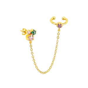 18K gold S925 silver stud earring and cuff set with colorful zircon and tassels