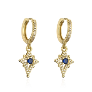 18K gold plated hoop earrings featuring a star-shaped pendant with deep blue zircon stones
