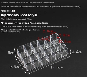 Detailed size specifications of 18-grid clear acrylic lipstick organizer stand