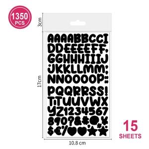 Detailed size specifications for 1350 black letter and number sticker set on 15 sheets