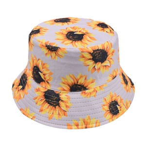 Detailed view of yellow sunflower print patterns on a grey cotton bucket sun hat
