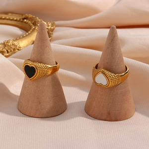 18K gold plated twisted braided heart rings with black and white zircon stones