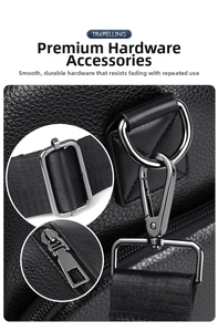 Detail of lychee pattern black leather and gunmetal hardware on the travel sports bag