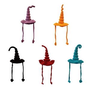 Five handmade crochet pet wizard hats in various colors for Halloween costume photo props