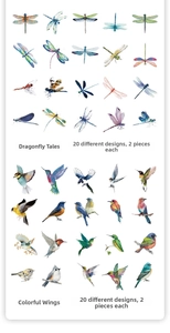 Detail of vintage nature stickers featuring watercolor dragonfly and bird illustrations