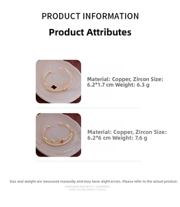 Close-up of gold plated clover bracelets with zircon inlay showing exact dimensions and weight