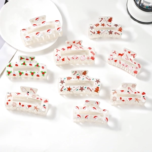 Christmas Hair Claw Clips PVC Acrylic Santa Reindeer Pattern Festive Holiday Large Hair Clamps Women Girls
